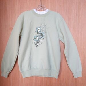 Vintage Winter Nature Birds Green Crewneck Sweater Women's Size S
